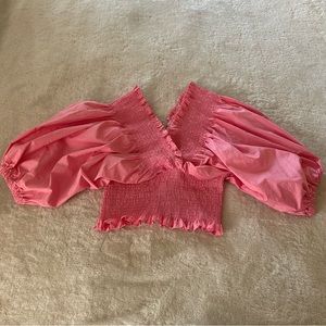 Pink Smocked Bubble Sleeve V Neck Blouse Size M/L